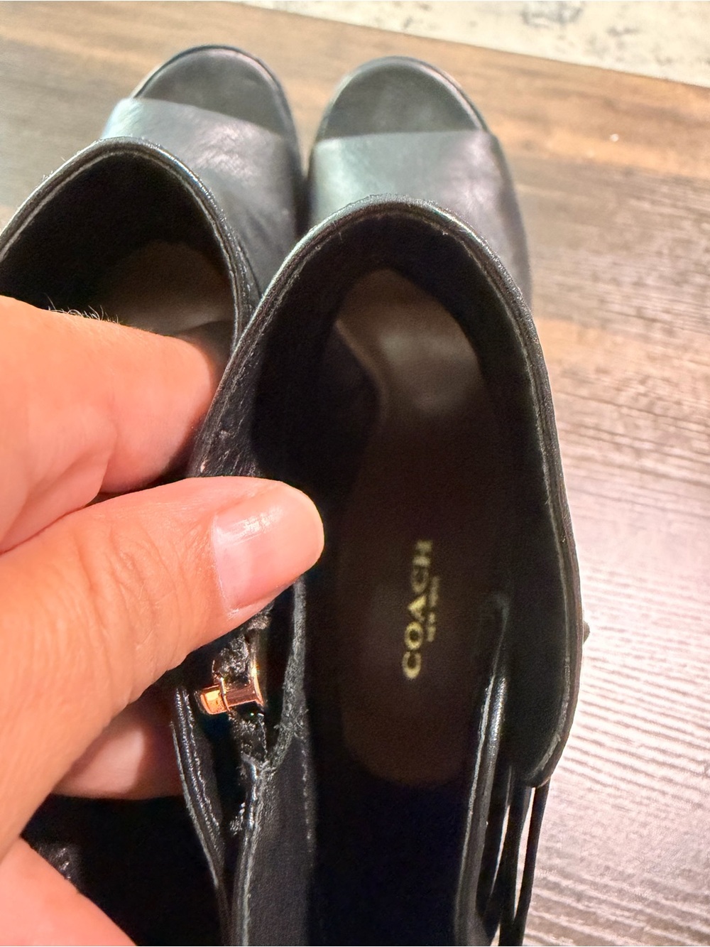 Coach Black Leather Fringe Ankle Heels with Gold Feather Charm - Picture 2 of 8